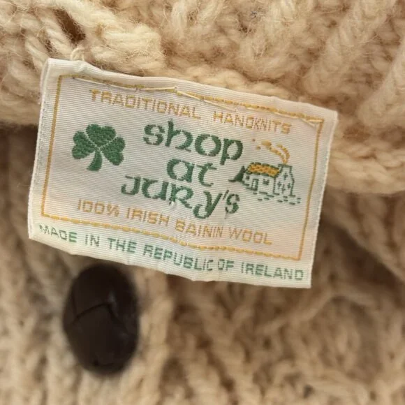 Vintage Irish Wool Sweater Hand Knit Cardigan Collar Ivory Chunky Fisherman READ - Picture 3 of 16